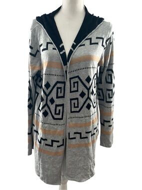 Light Grey Geometric Hooded Open-Front Cardigan Sweater